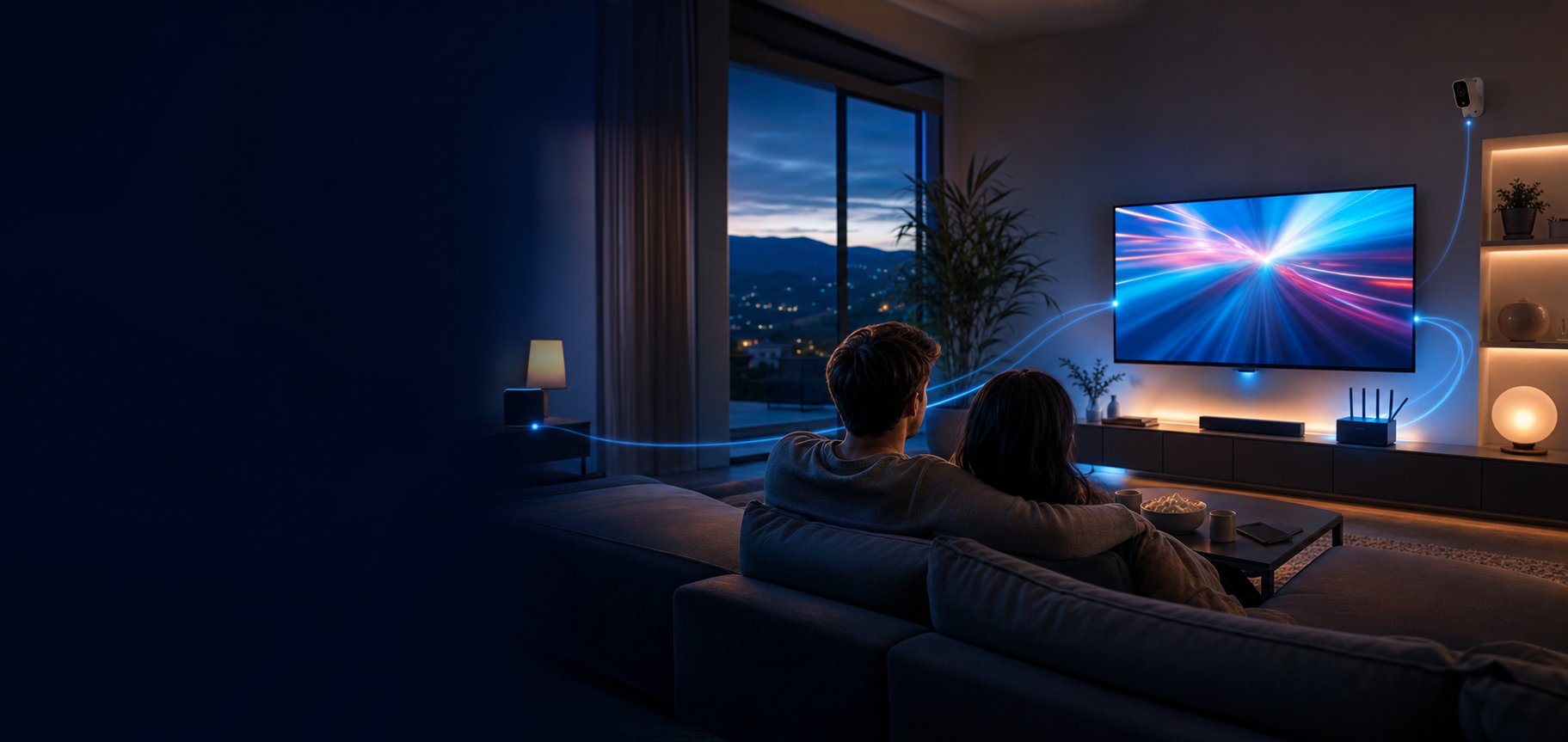 Moderná domácnosť prepojená internetom, televíziou a bezpečnostným systémom
