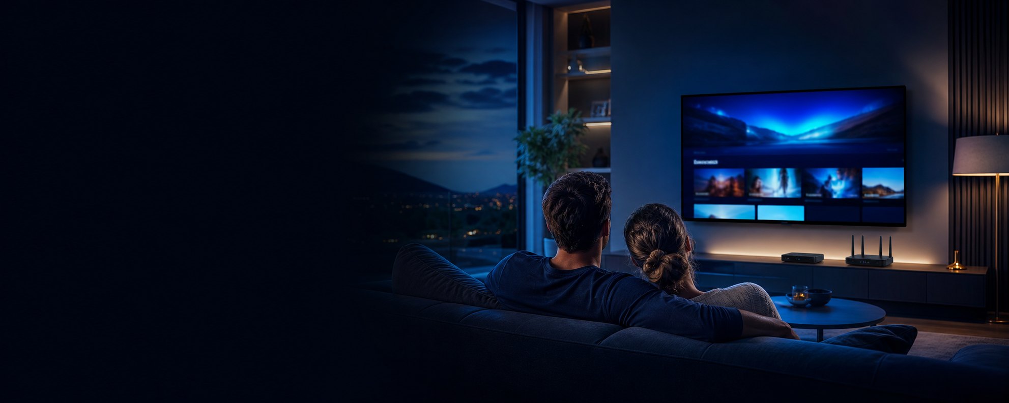 Domácnosť sledujúca internetovú televíziu v modernej obývačke